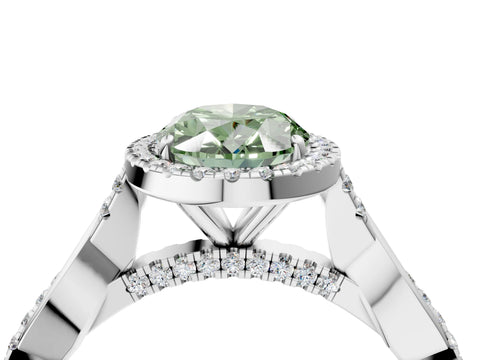 White gold Fancy Green Oval Cut Halo Twist Band with Four-Prong Setting_76