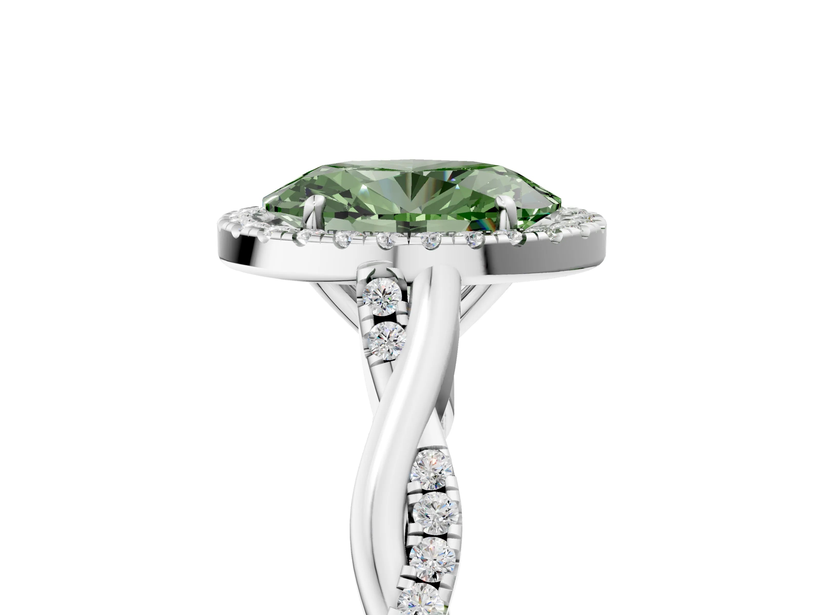 White gold Fancy Green Oval Cut Halo Twist Band with Four-Prong Setting_77
