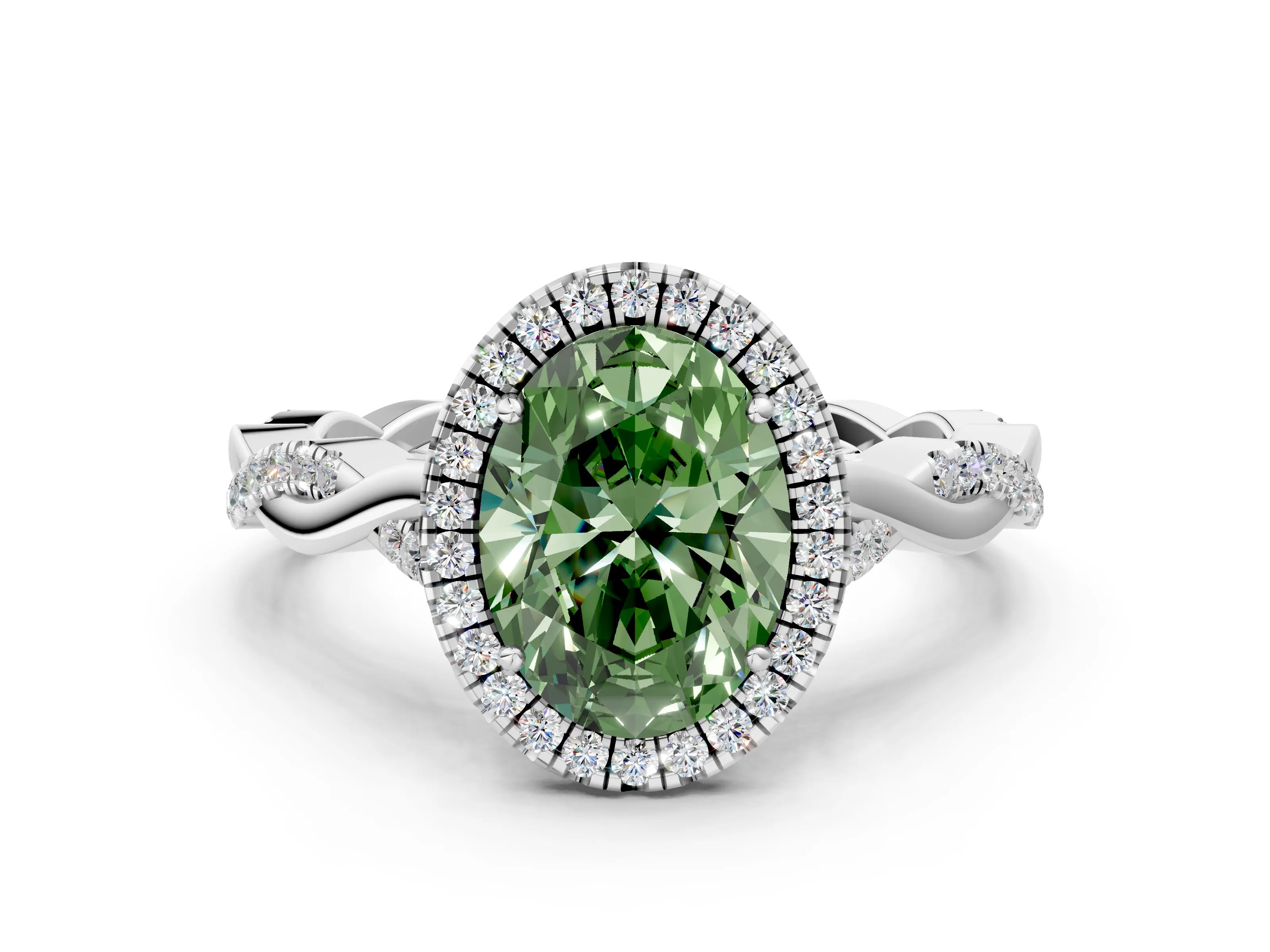 White gold Fancy Green Oval Cut Halo Twist Band with Four-Prong Setting