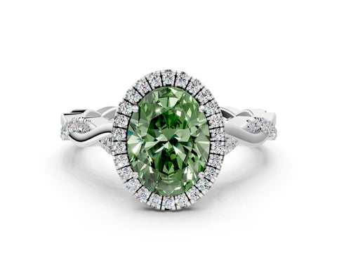 White gold Fancy Green Oval Cut Halo Twist Band with Four-Prong Setting