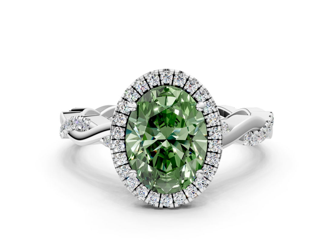 White gold Fancy Green Oval  Cut Halo Twisted Band Four-Prong Ring_20