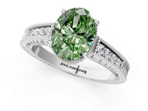White gold Fancy Green Oval  Cut Milgrain Channel Set Engagement Ring with Solitaire Prong Setting_69