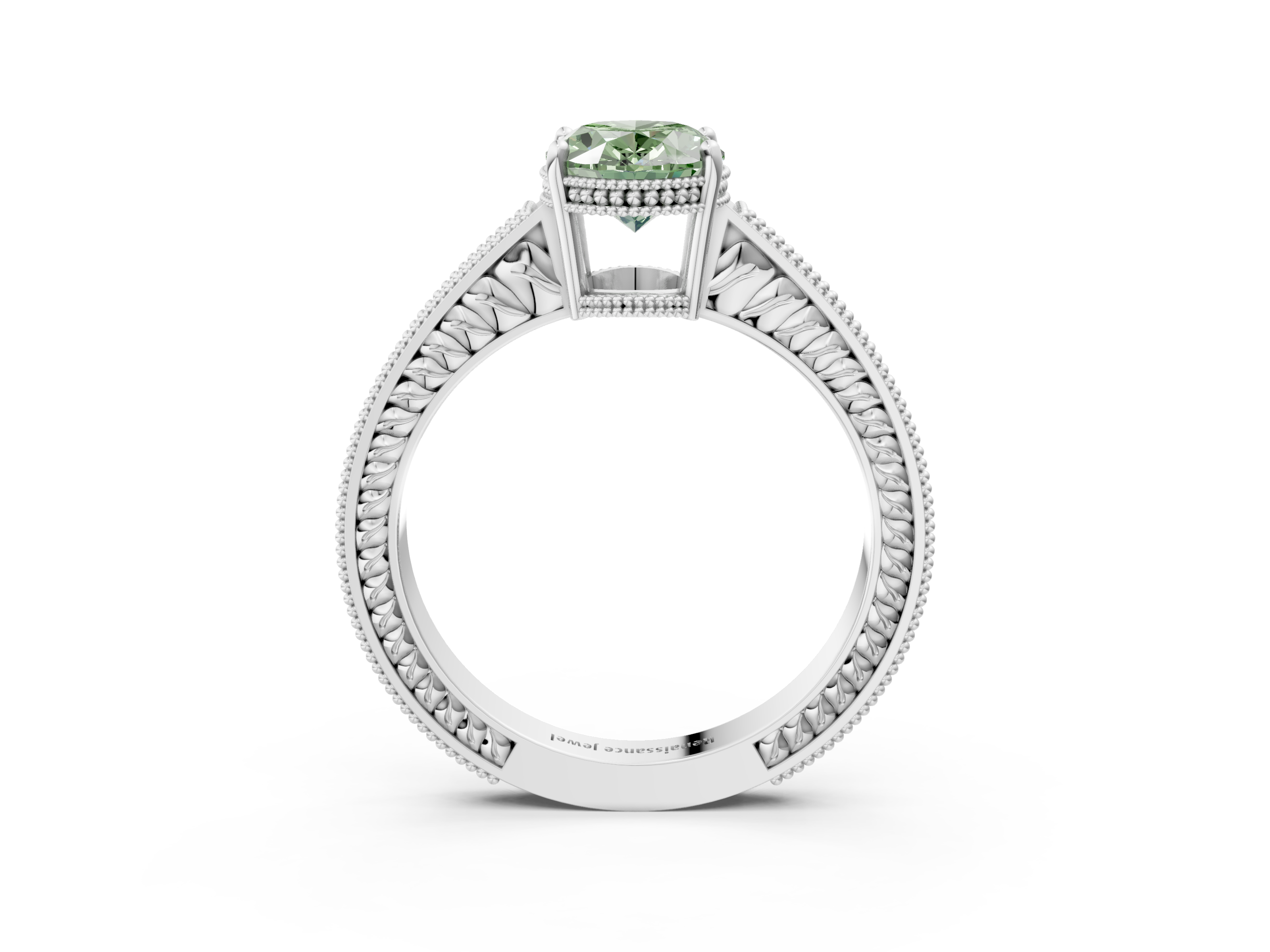 White gold Fancy Green Oval  Cut Milgrain Channel Set Engagement Ring with Solitaire Prong Setting_71