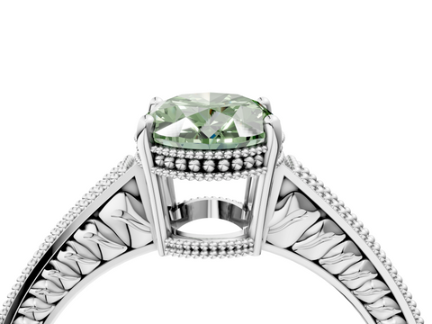 White gold Fancy Green Oval  Cut Milgrain Channel Set Engagement Ring with Solitaire Prong Setting_72