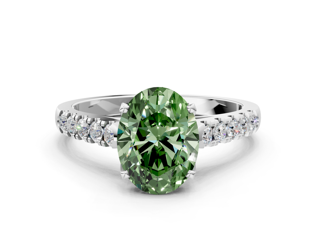 White gold Fancy Green Oval  Cut Pavé Band Solitaire Ring with Four-Prong Setting_21