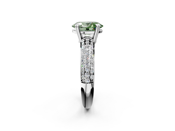 Platinum Fancy Green Oval  Cut Pave Diamond Engagement Ring with Channel Set Band and Four-Prong Setting