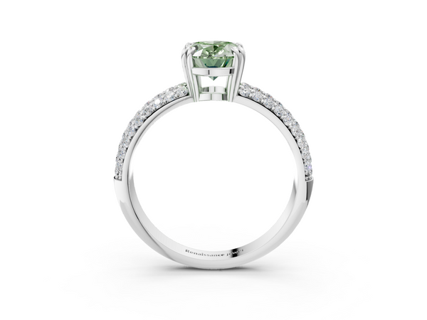 Platinum Fancy Green Oval  Cut Pave Diamond Engagement Ring with Channel Set Band and Four-Prong Setting