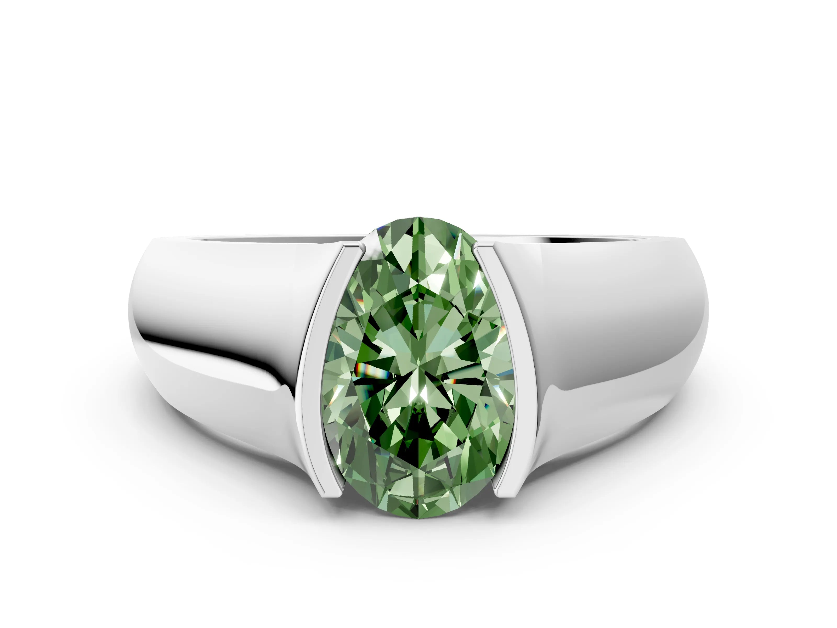 White gold Fancy Green Oval Cut Solitaire Bezel Set Diamond Ring with Wide Band_12