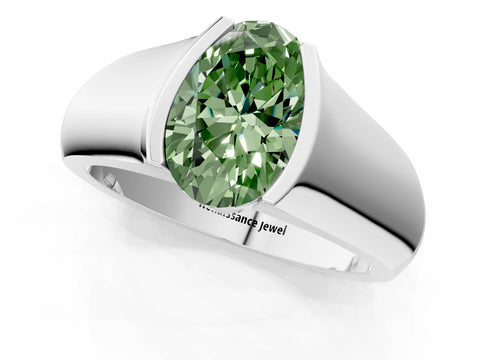 White gold Fancy Green Oval Cut Solitaire Bezel Set Diamond Ring with Wide Band_13