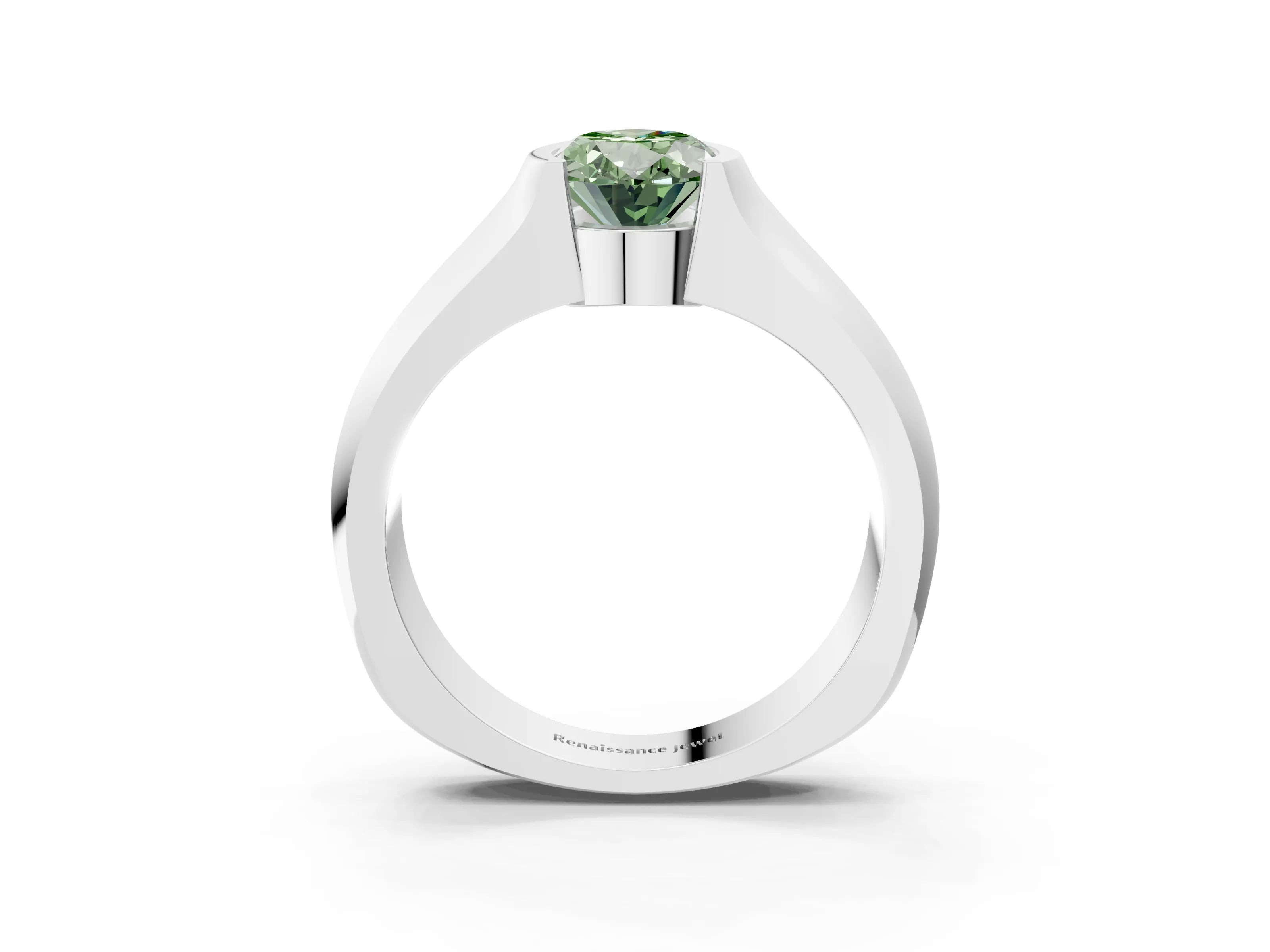 White gold Fancy Green Oval Cut Solitaire Bezel Set Diamond Ring with Wide Band_15