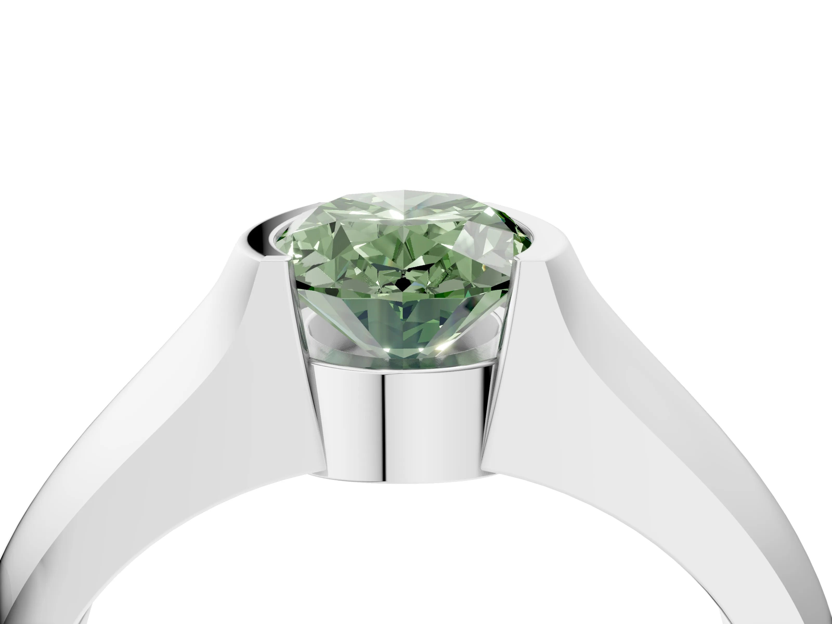 White gold Fancy Green Oval Cut Solitaire Bezel Set Diamond Ring with Wide Band_4
