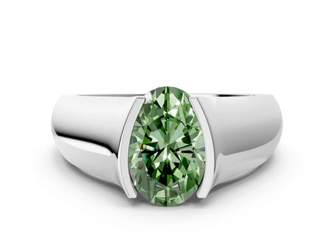 White gold Fancy Green Oval Cut Solitaire Bezel Set Diamond Ring with Wide Band