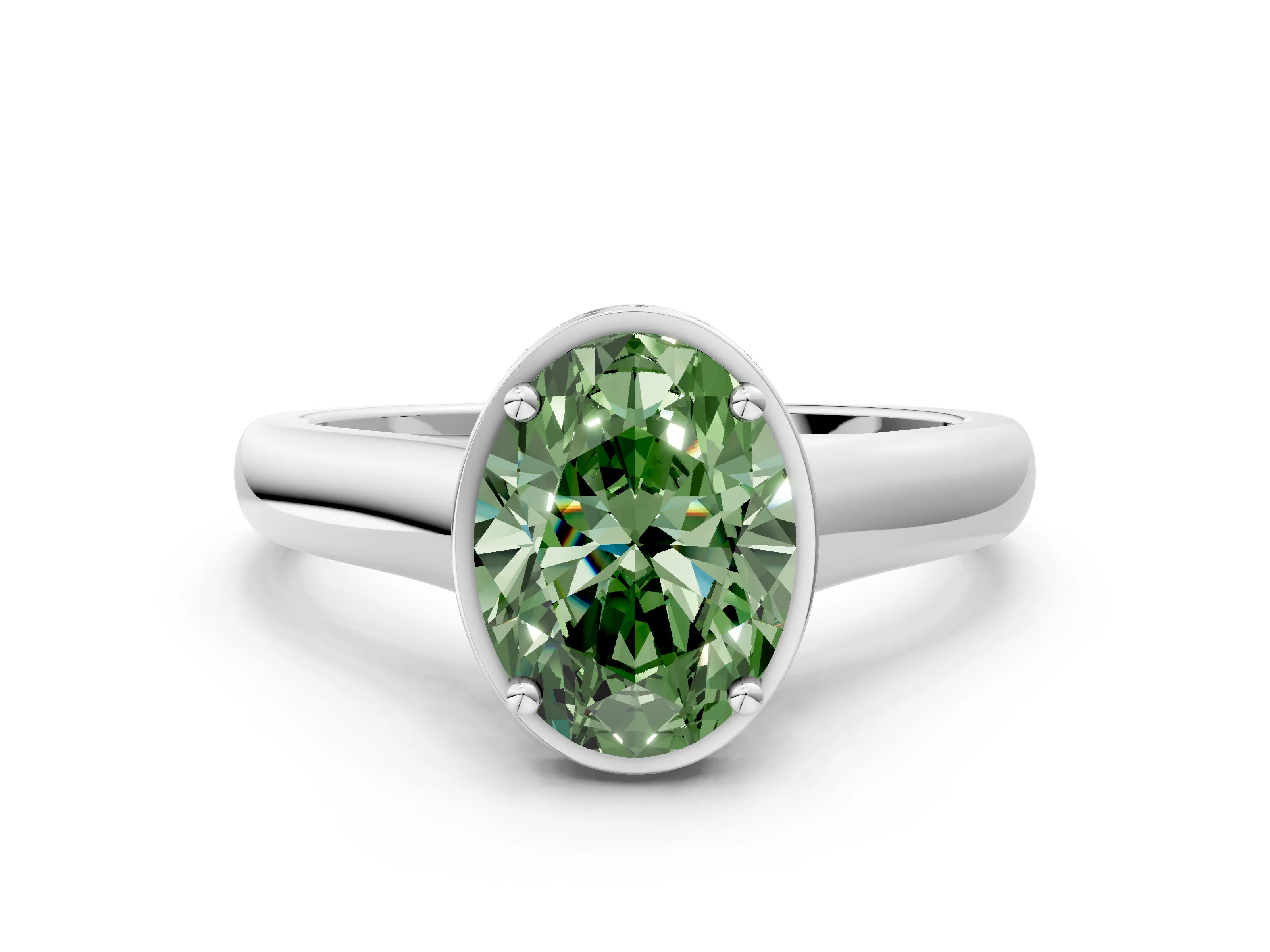 White gold Fancy Green Oval Cut Solitaire Diamond Engagement Ring with Four-Prong Setting and Tapered Band_12