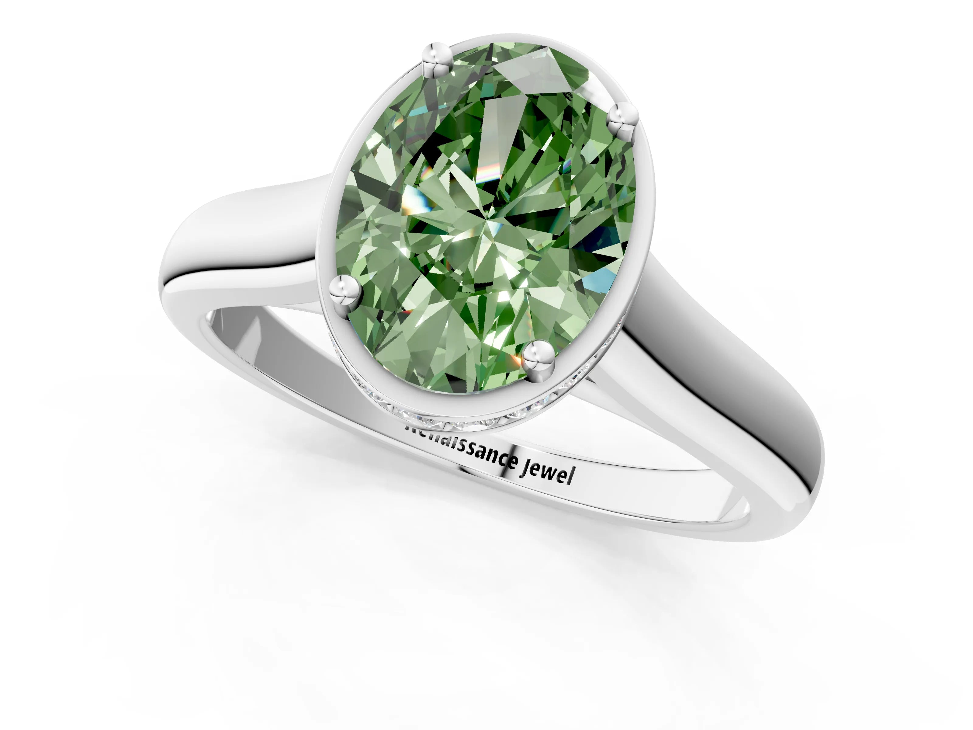 White gold Fancy Green Oval Cut Solitaire Diamond Engagement Ring with Four-Prong Setting and Tapered Band_13