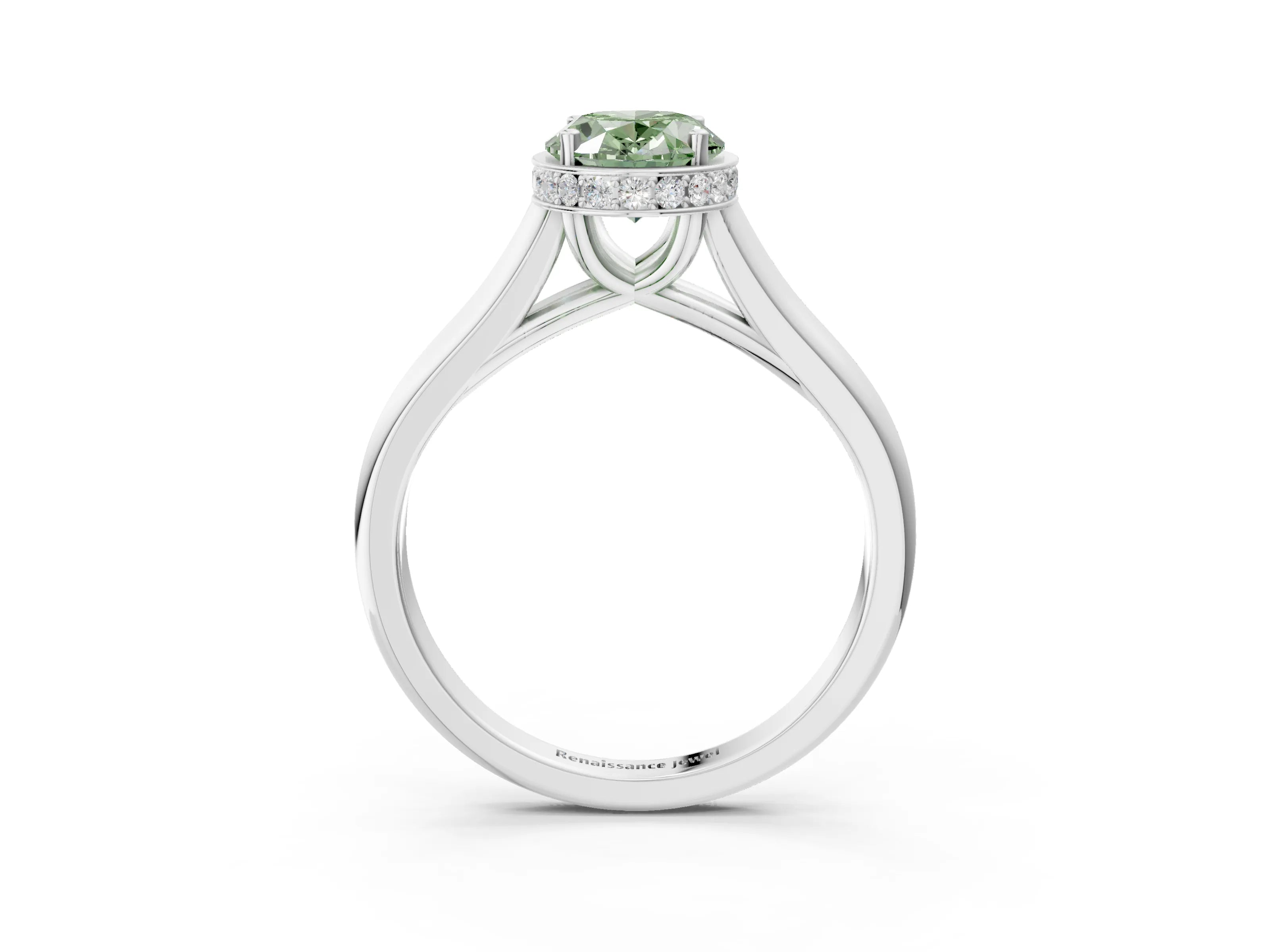 White gold Fancy Green Oval Cut Solitaire Diamond Engagement Ring with Four-Prong Setting and Tapered Band_15