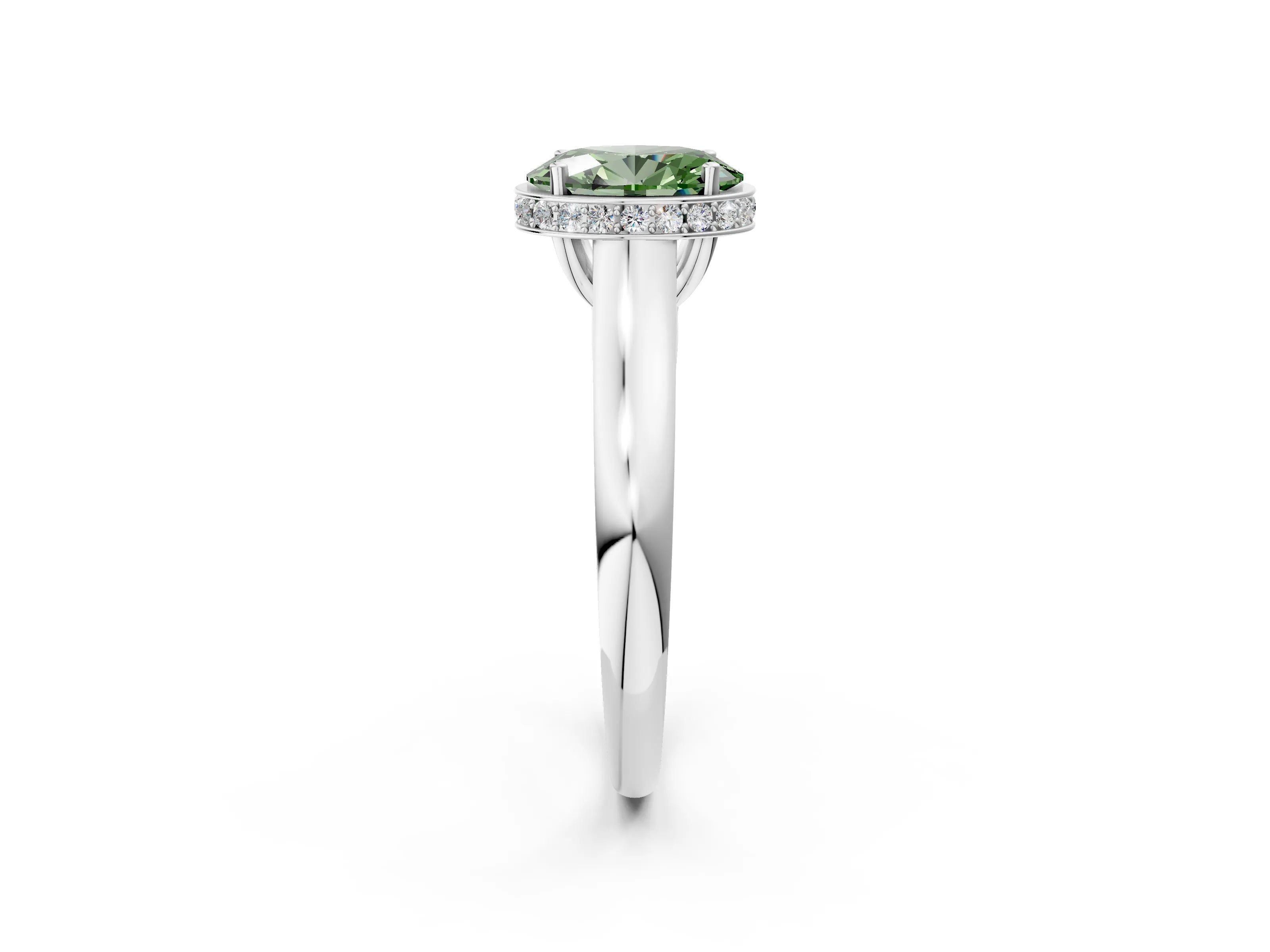 White gold Fancy Green Oval Cut Solitaire Diamond Engagement Ring with Four-Prong Setting and Tapered Band_2