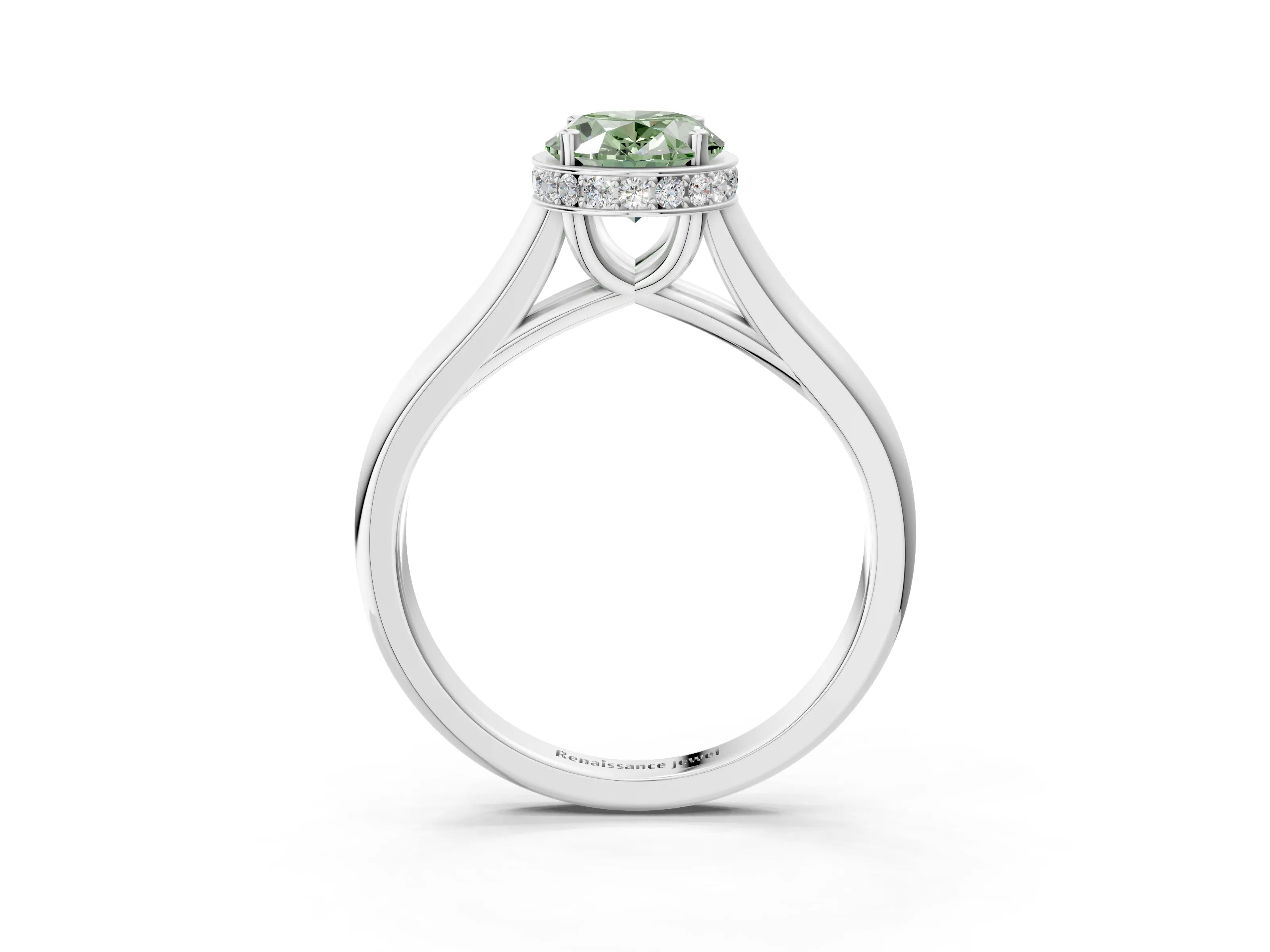 White gold Fancy Green Oval Cut Solitaire Diamond Engagement Ring with Four-Prong Setting and Tapered Band_3