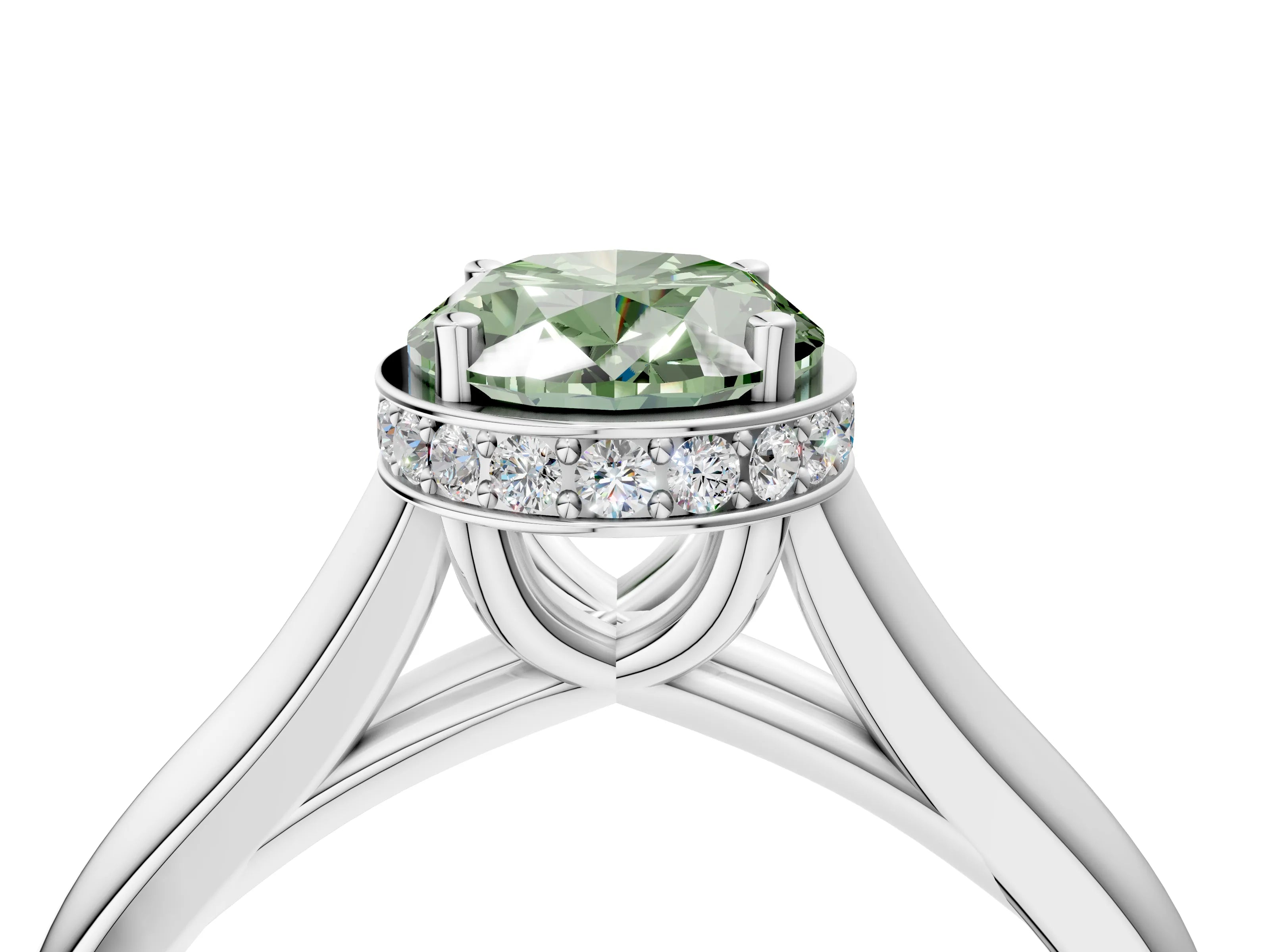 White gold Fancy Green Oval Cut Solitaire Diamond Engagement Ring with Four-Prong Setting and Tapered Band_4