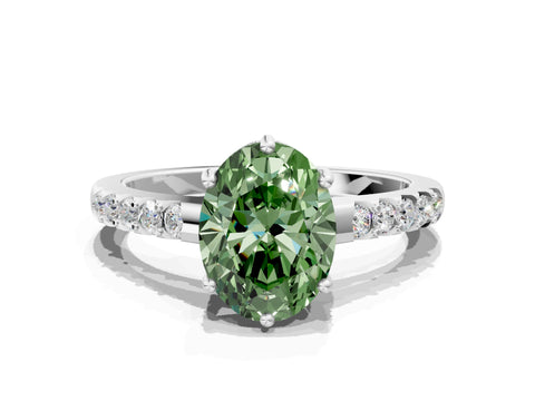 White gold Fancy Green Oval Cut Solitaire Diamond Engagement Ring with Pavé Band and Six-Prong Setting_12