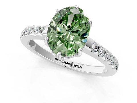 White gold Fancy Green Oval Cut Solitaire Diamond Engagement Ring with Pavé Band and Six-Prong Setting_13