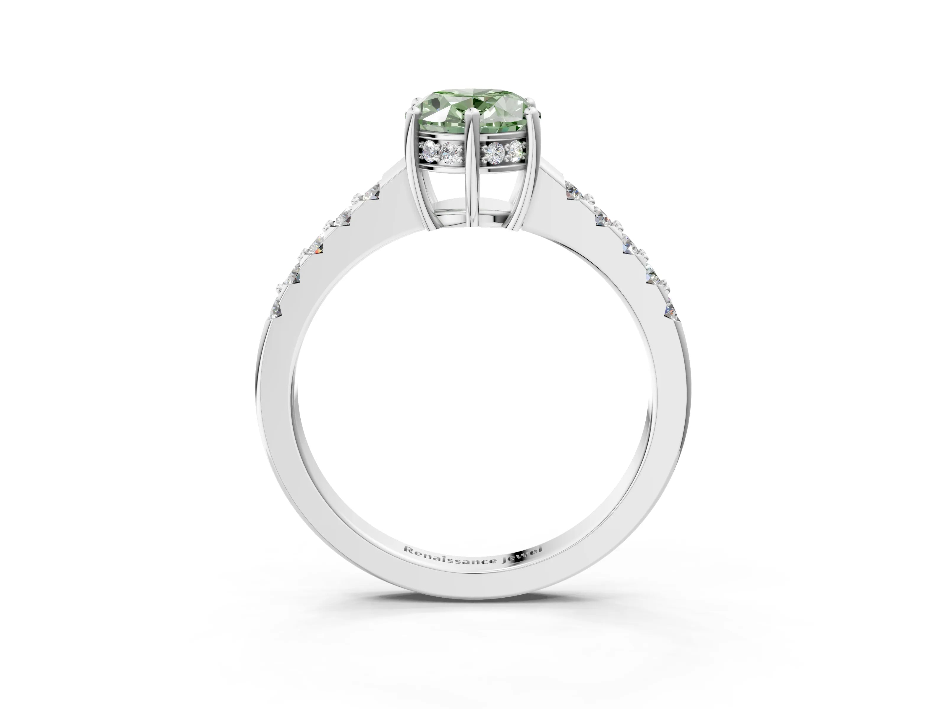White gold Fancy Green Oval Cut Solitaire Diamond Engagement Ring with Pavé Band and Six-Prong Setting_15
