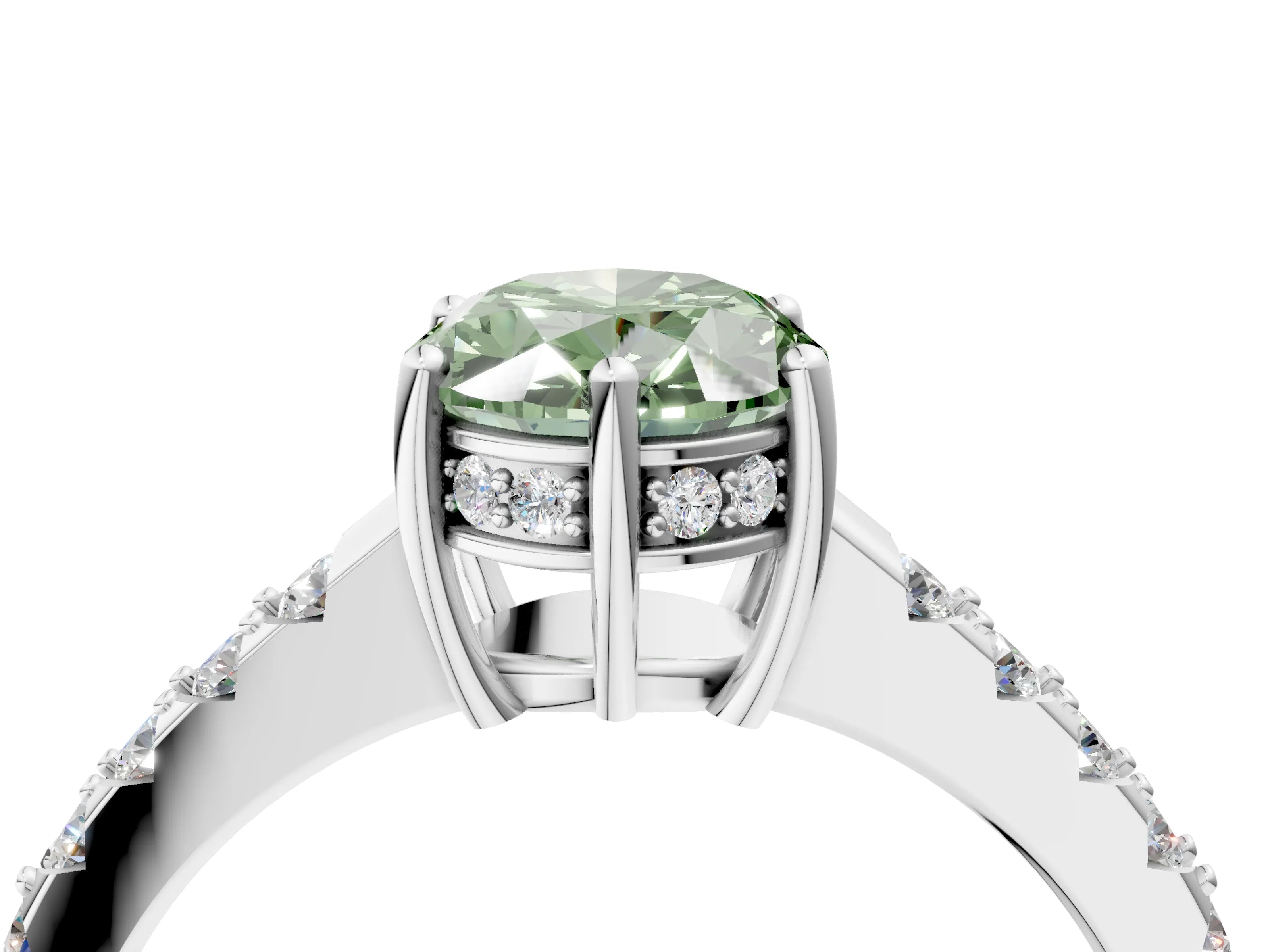 White gold Fancy Green Oval Cut Solitaire Diamond Engagement Ring with Pavé Band and Six-Prong Setting_16