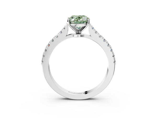 Platinum Fancy Green Oval  Cut Solitaire Diamond Engagement Ring with Pave Band and Four-Prong Setting