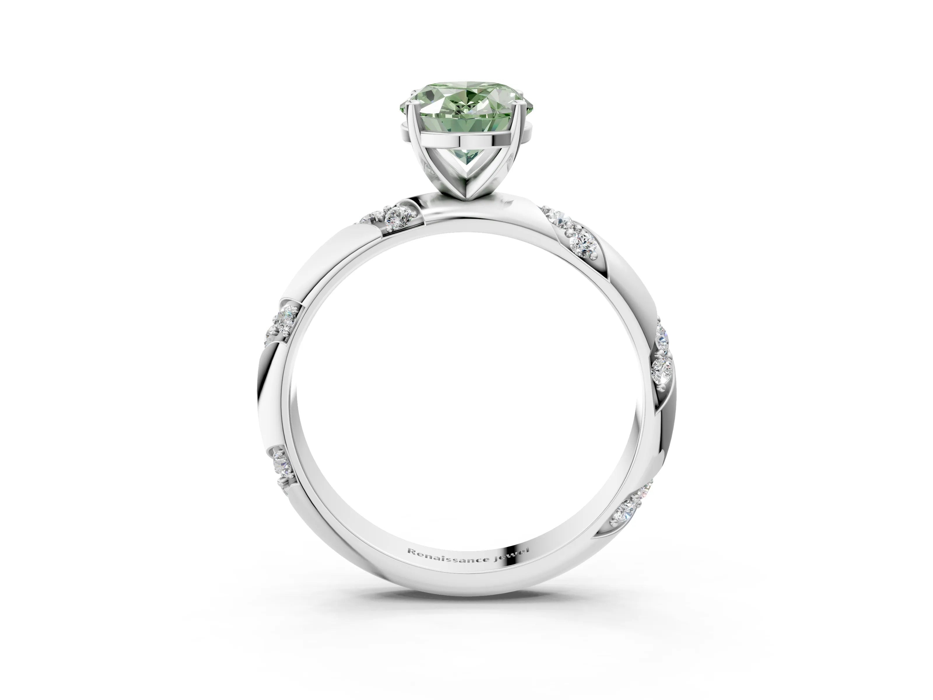 White gold Fancy Green Oval Cut Solitaire Diamond Engagement Ring with Twisted Pave Band and Four-Prong Setting_22
