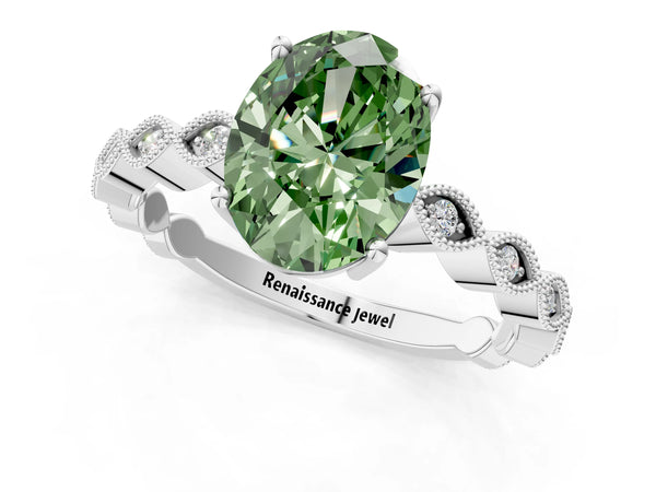 White gold Fancy Green Oval Cut Solitaire Diamond Ring with Infinity Twist Band and Four-Prong Setting