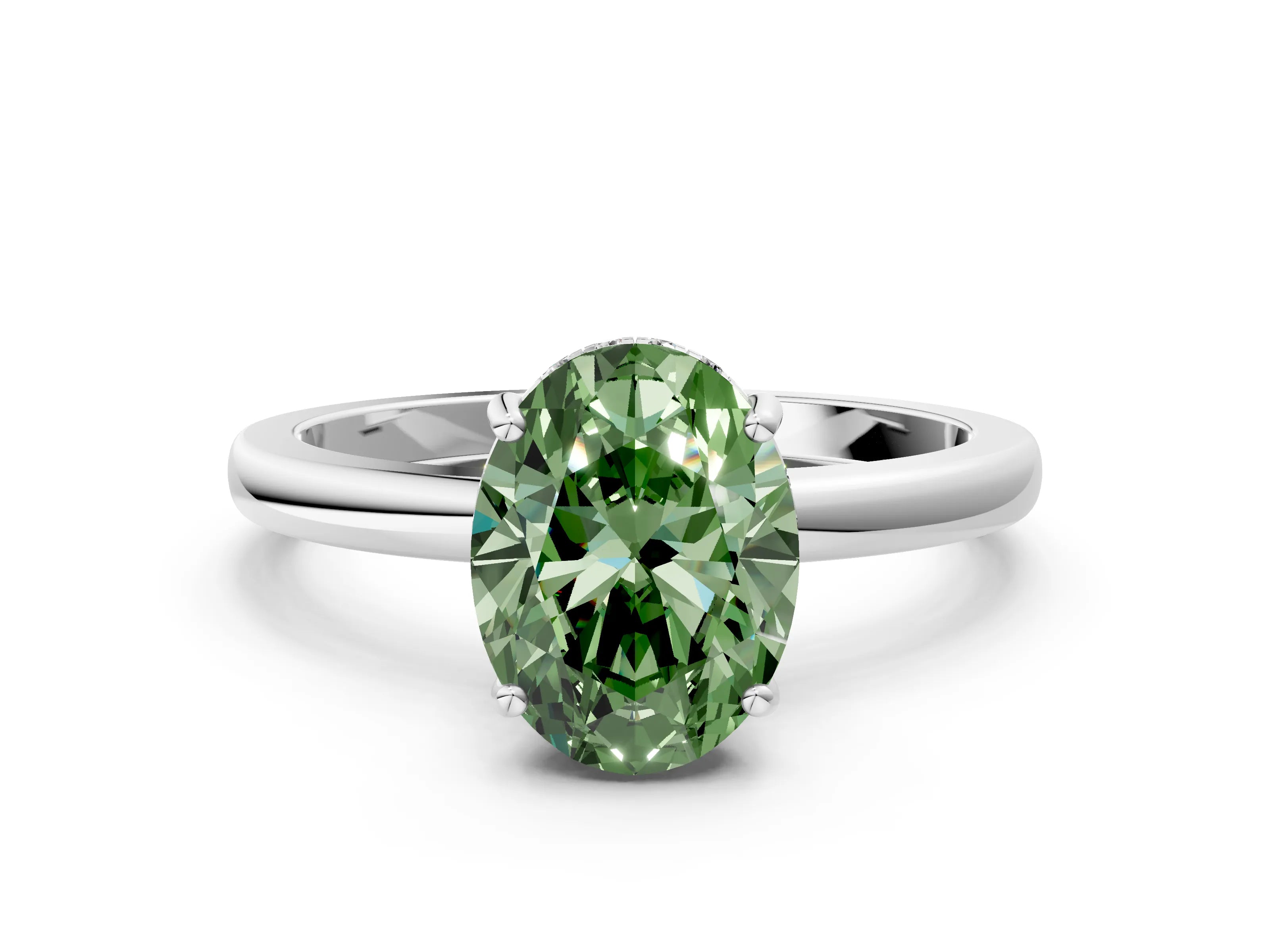 White gold Fancy Green Oval Cut Solitaire Diamond Ring with Prong Setting and Plain Band
