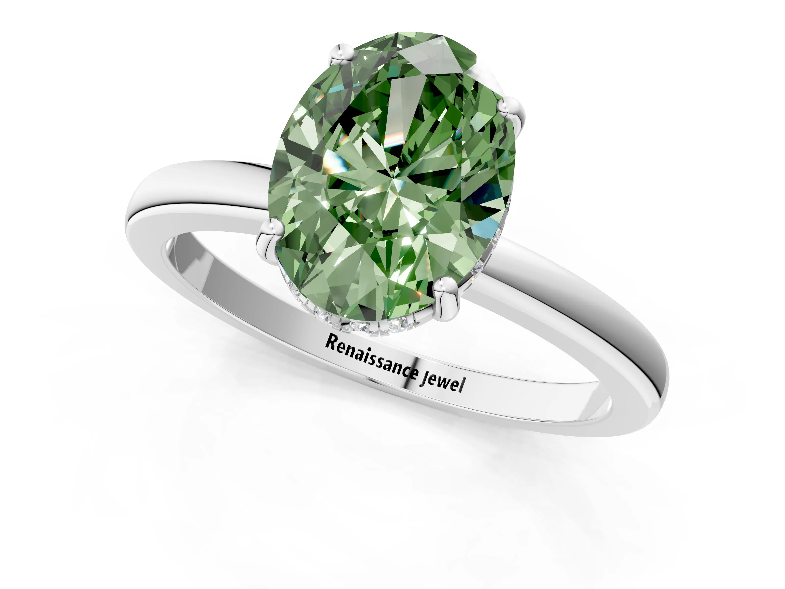 White gold Fancy Green Oval Cut Solitaire Diamond Ring with Prong Setting and Plain Band_1