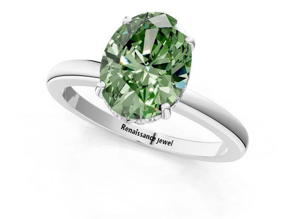 White gold Fancy Green Oval Cut Solitaire Diamond Ring with Prong Setting and Plain Band