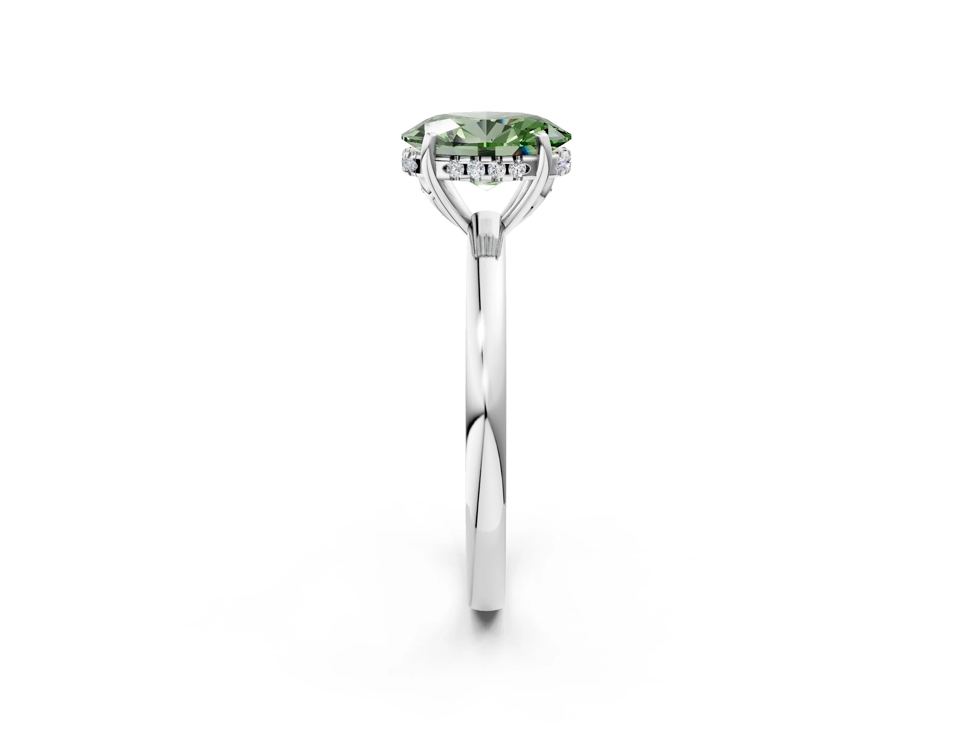 White gold Fancy Green Oval Cut Solitaire Diamond Ring with Prong Setting and Plain Band_2