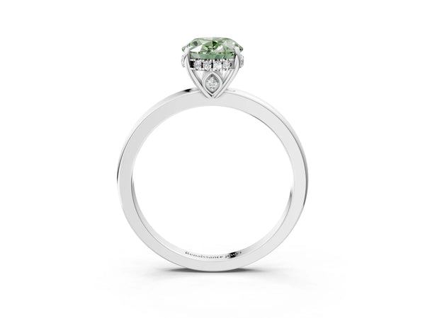White gold Fancy Green Oval Cut Solitaire Diamond Ring with Prong Setting and Plain Band