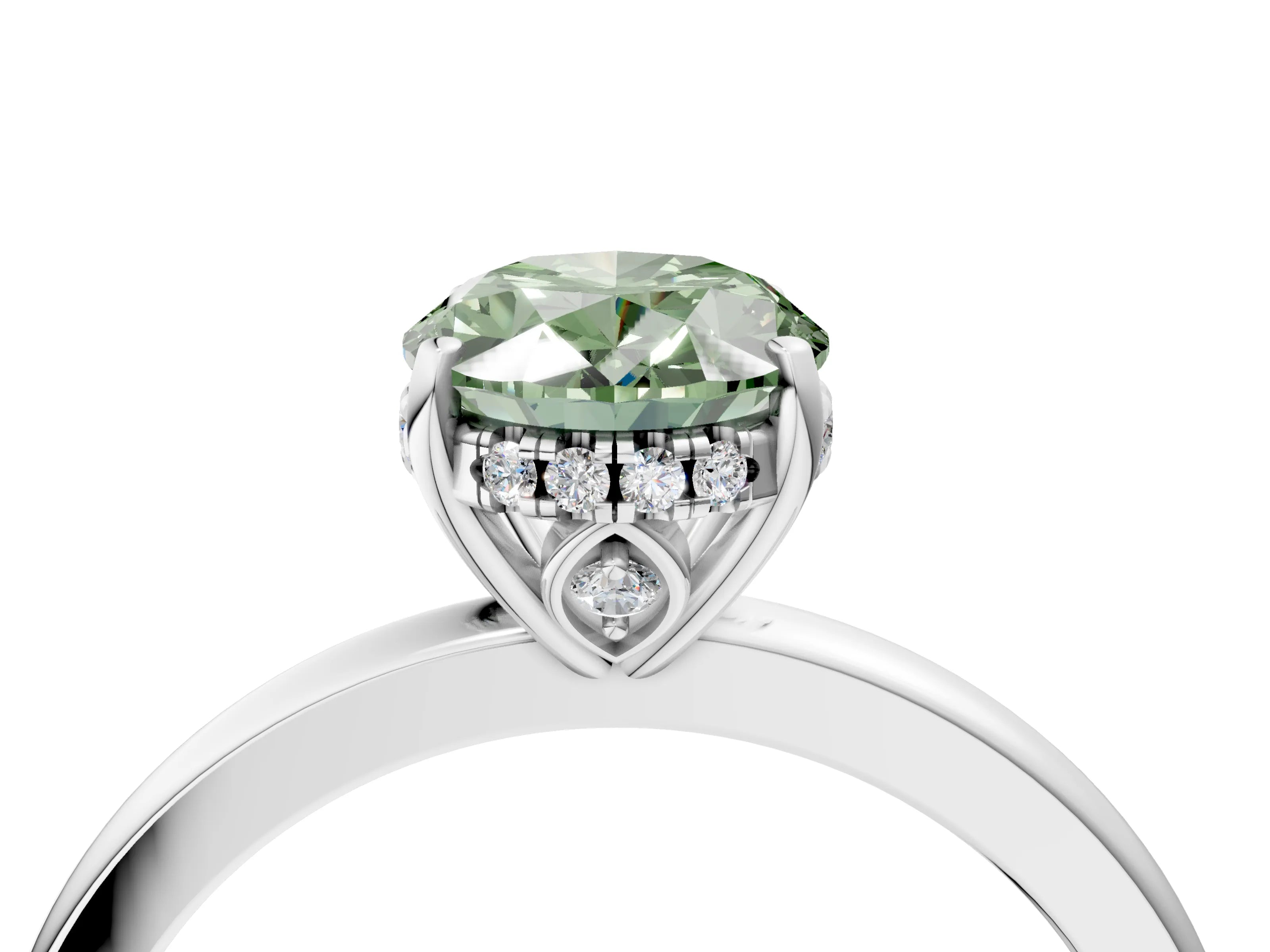White gold Fancy Green Oval Cut Solitaire Diamond Ring with Prong Setting and Plain Band_4