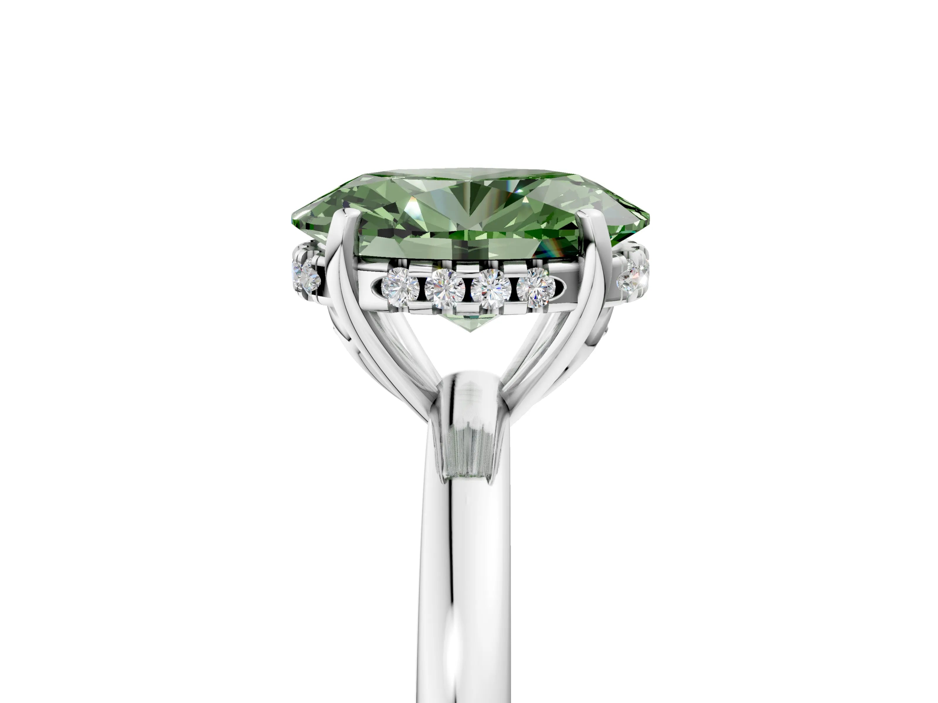 White gold Fancy Green Oval Cut Solitaire Diamond Ring with Prong Setting and Plain Band_5