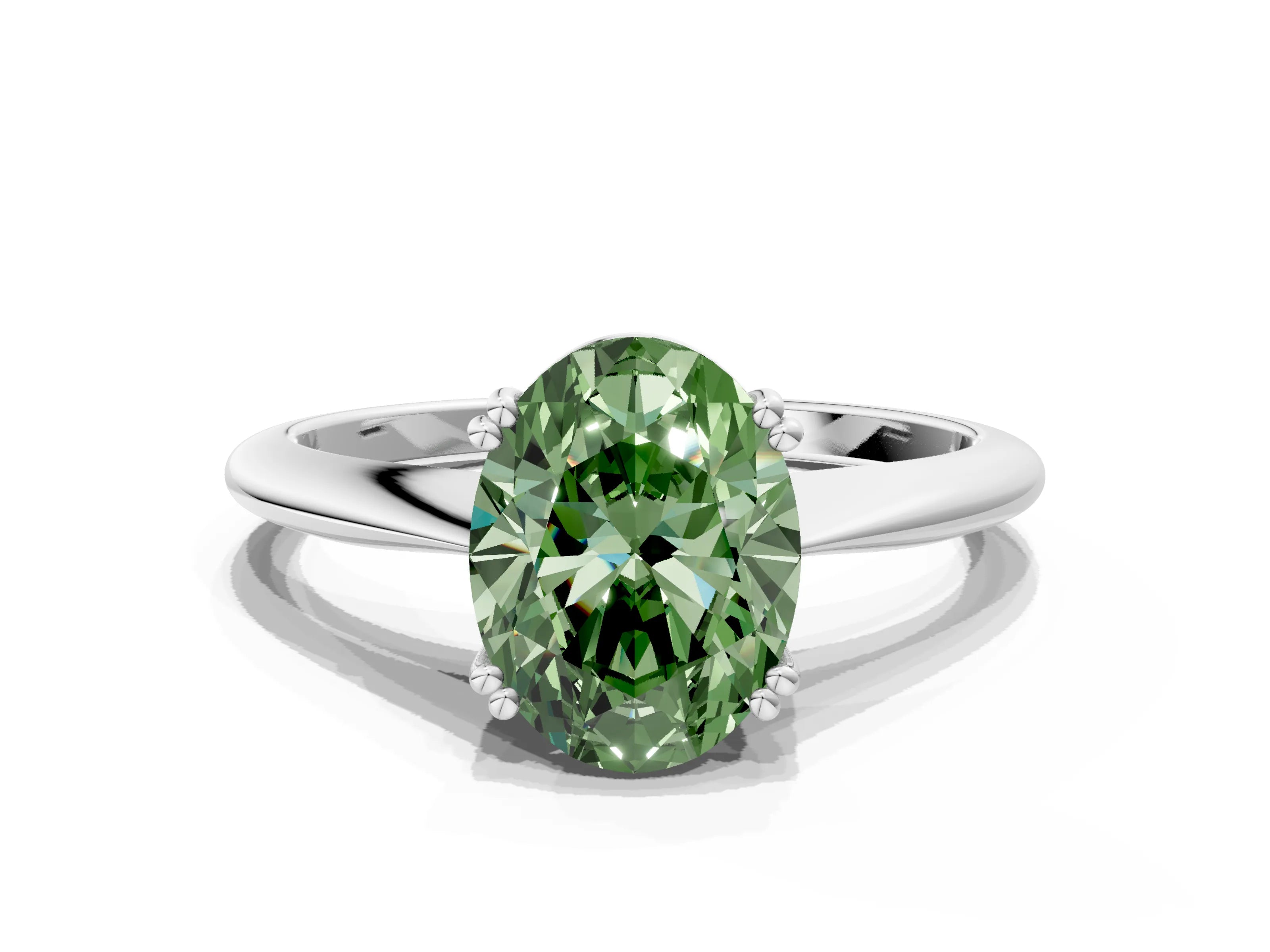 White gold Fancy Green Oval Cut Solitaire Diamond Ring with Six-Prong Setting and Classic Band