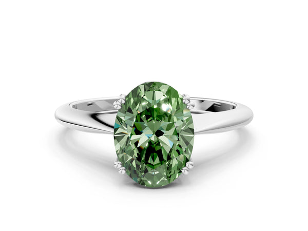 White gold Fancy Green Oval Cut Solitaire Diamond Ring with Six-Prong Setting and Classic Band