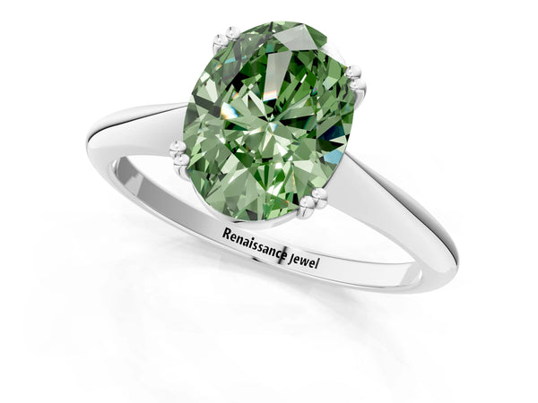 White gold Fancy Green Oval Cut Solitaire Diamond Ring with Six-Prong Setting and Classic Band