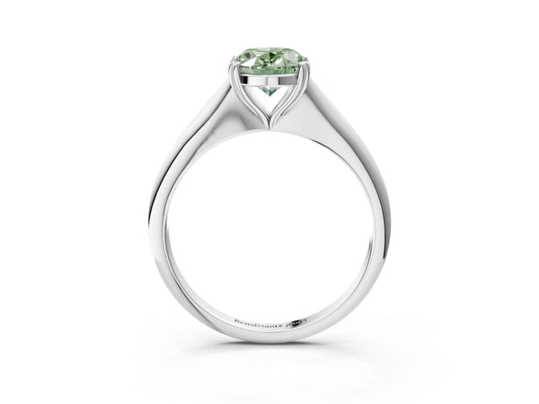 White gold Fancy Green Oval Cut Solitaire Diamond Ring with Six-Prong Setting and Classic Band