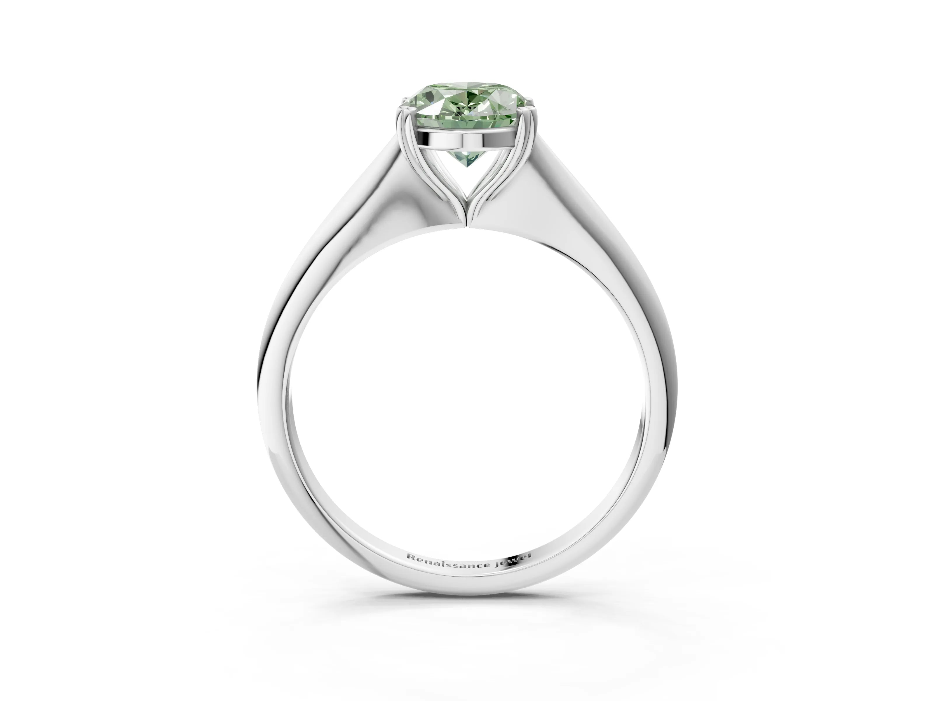 White gold Fancy Green Oval Cut Solitaire Diamond Ring with Six-Prong Setting and Classic Band_3