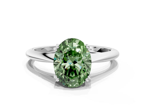 White gold Fancy Green Oval Cut Solitaire Diamond Ring with Six-Prong Setting and Classic Band
