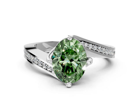 White gold Fancy Green Oval Cut Solitaire Diamond Twist Band with Pavé Setting and Four-Prong Setting_12