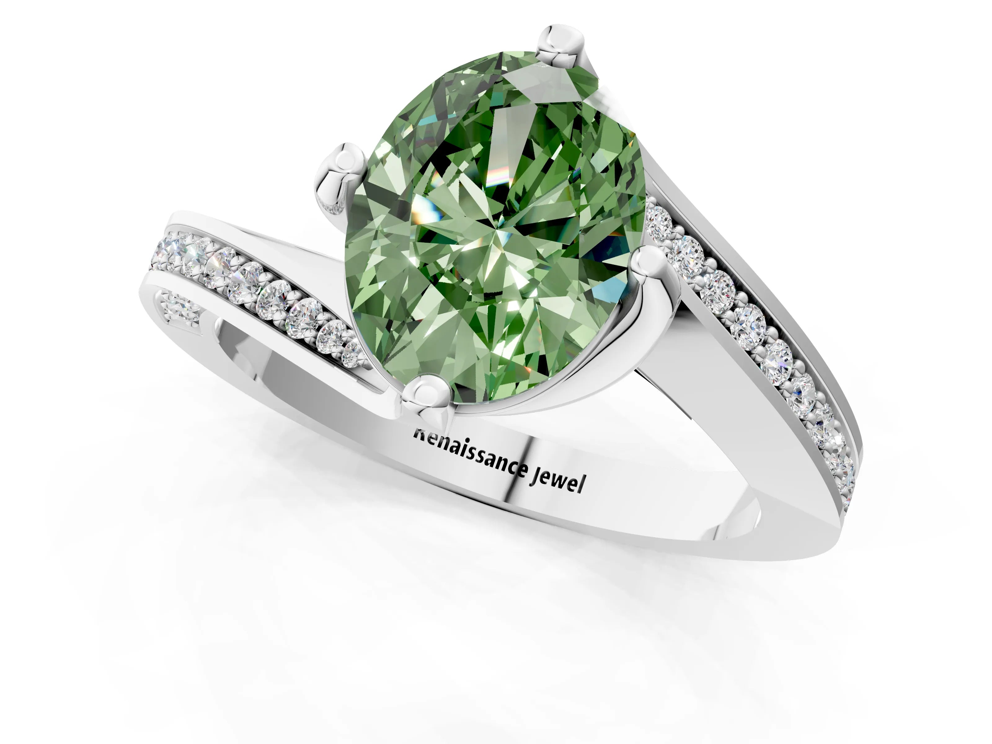 White gold Fancy Green Oval Cut Solitaire Diamond Twist Band with Pavé Setting and Four-Prong Setting_13