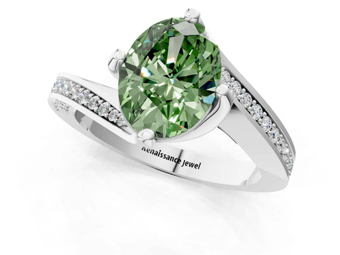 White gold Fancy Green Oval Cut Solitaire Diamond Twist Band with Pavé Setting and Four-Prong Setting_13