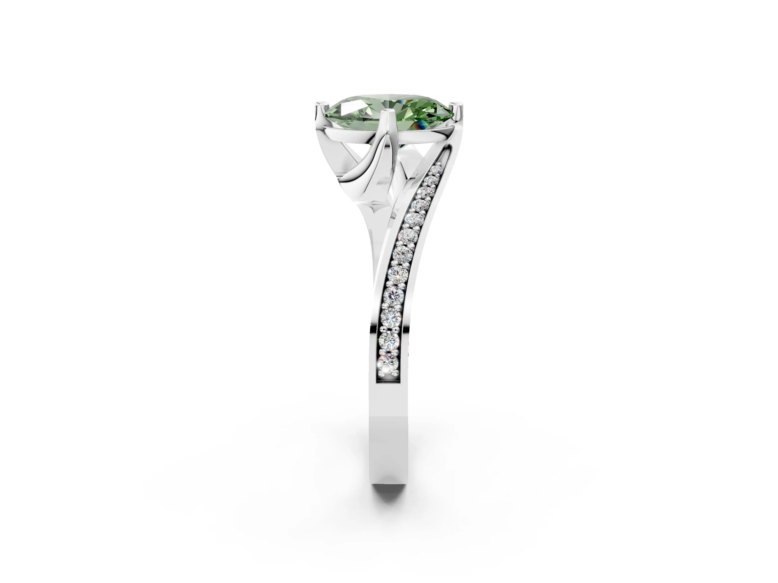 White gold Fancy Green Oval Cut Solitaire Diamond Twist Band with Pavé Setting and Four-Prong Setting_14