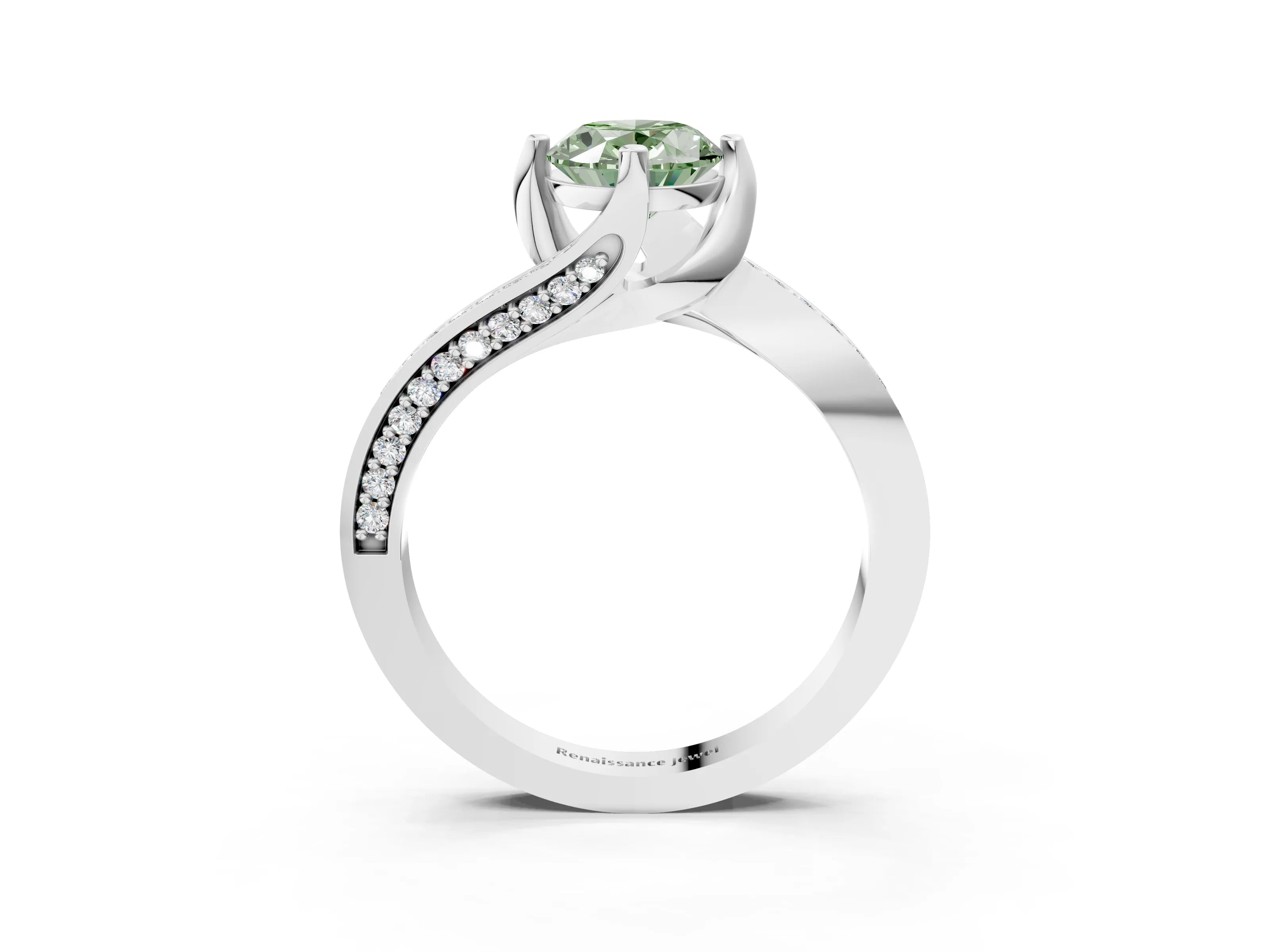 White gold Fancy Green Oval Cut Solitaire Diamond Twist Band with Pavé Setting and Four-Prong Setting_15