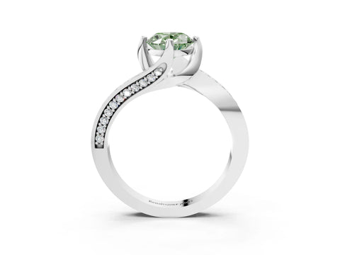 White gold Fancy Green Oval Cut Solitaire Diamond Twist Band with Pavé Setting and Four-Prong Setting_15