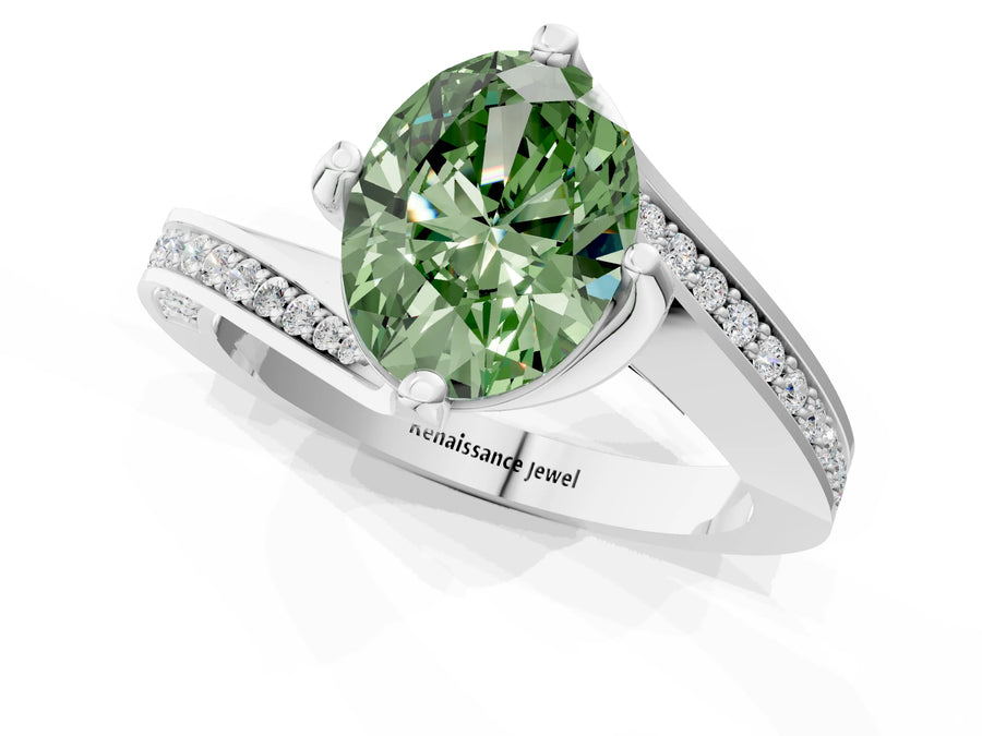 White gold Fancy Green Oval Cut Solitaire Diamond Twist Band with Pavé Setting and Four-Prong Setting
