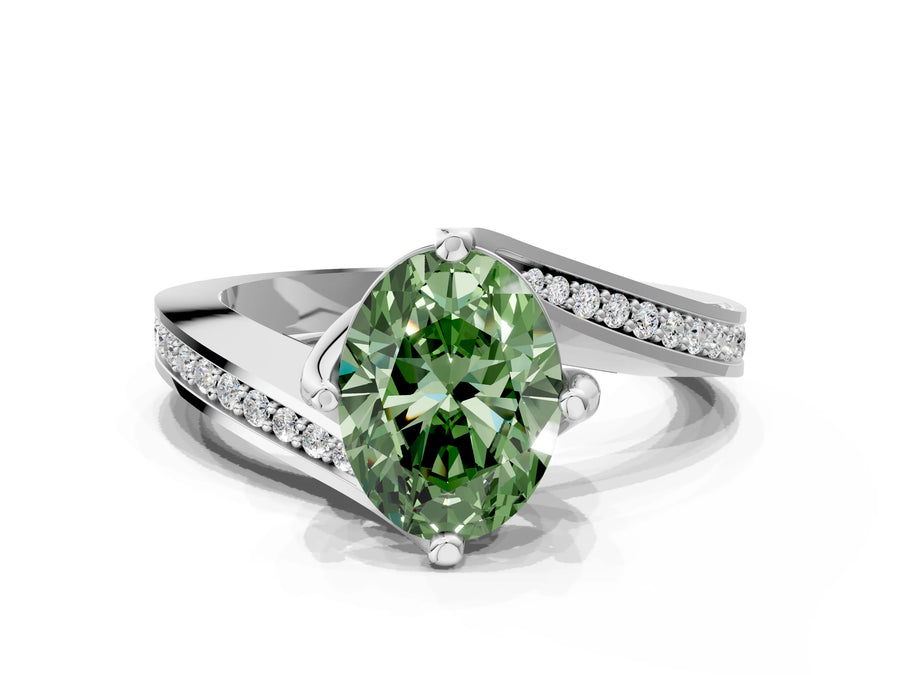 White gold Fancy Green Oval Cut Solitaire Diamond Twist Band with Pavé Setting and Four-Prong Setting